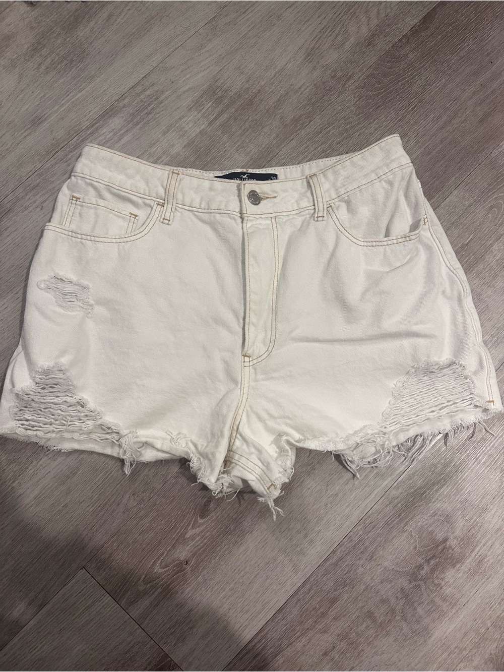 Hollister White Distressed High-Rise Denim Shorts